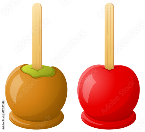 Vector illustration of a caramel apple and a red candy apple.