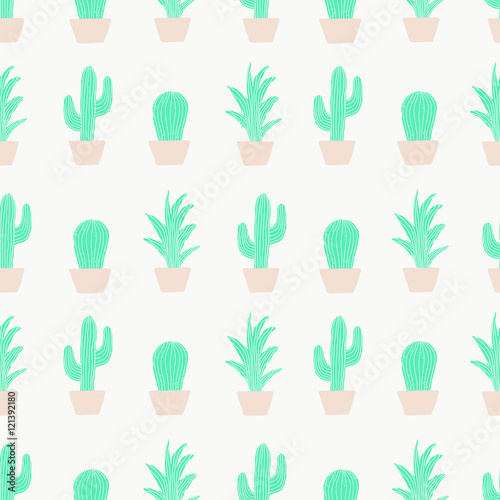 Seamless pattern with cactus in green on cream background. © xuliadore
