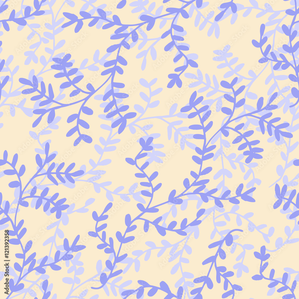 Hand drawn seamless pattern with leaf branches in purple.