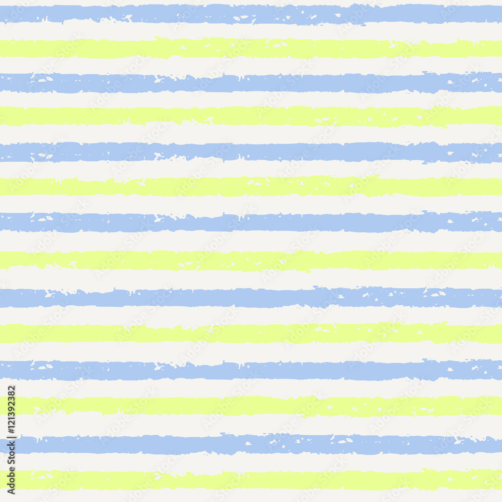Seamless pattern with hand painted stripes in blue and yellow on cream background.