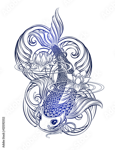 Hand drawn Asian spiritual symbols - koi carp with lotus and waves. It can be used for tattoo and embossing or coloring