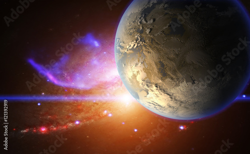 Fototapeta Naklejka Na Ścianę i Meble -  Exoplanet on the background of galactic nebula. Artwork.  Elements of this image are furnished by NASA