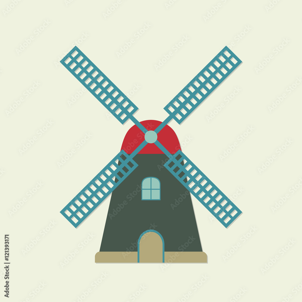 Windmill icon or sign isolated on white background. Mill symbol. Colorful vector illustration.