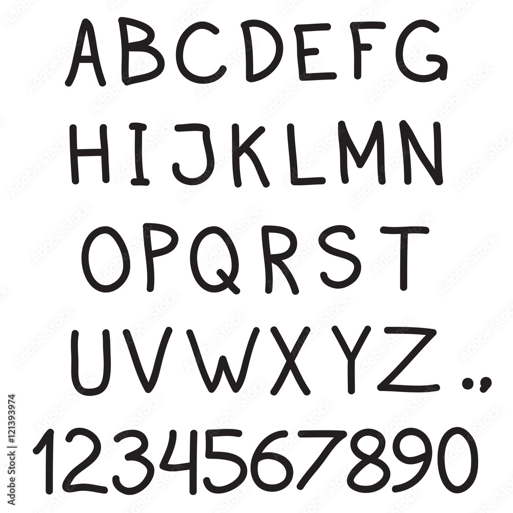 Alphabet. Hand drawn letters and numbers isolated on white background. Vector illustration.
