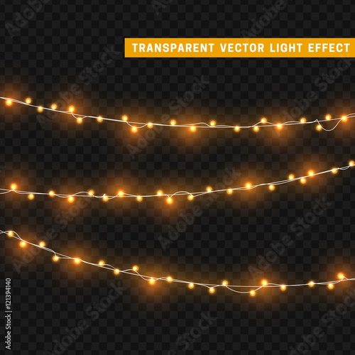 Christmas lights isolated realistic design elements. Glowing lights for Xmas Holiday greeting card design. Garlands, Christmas decorations.