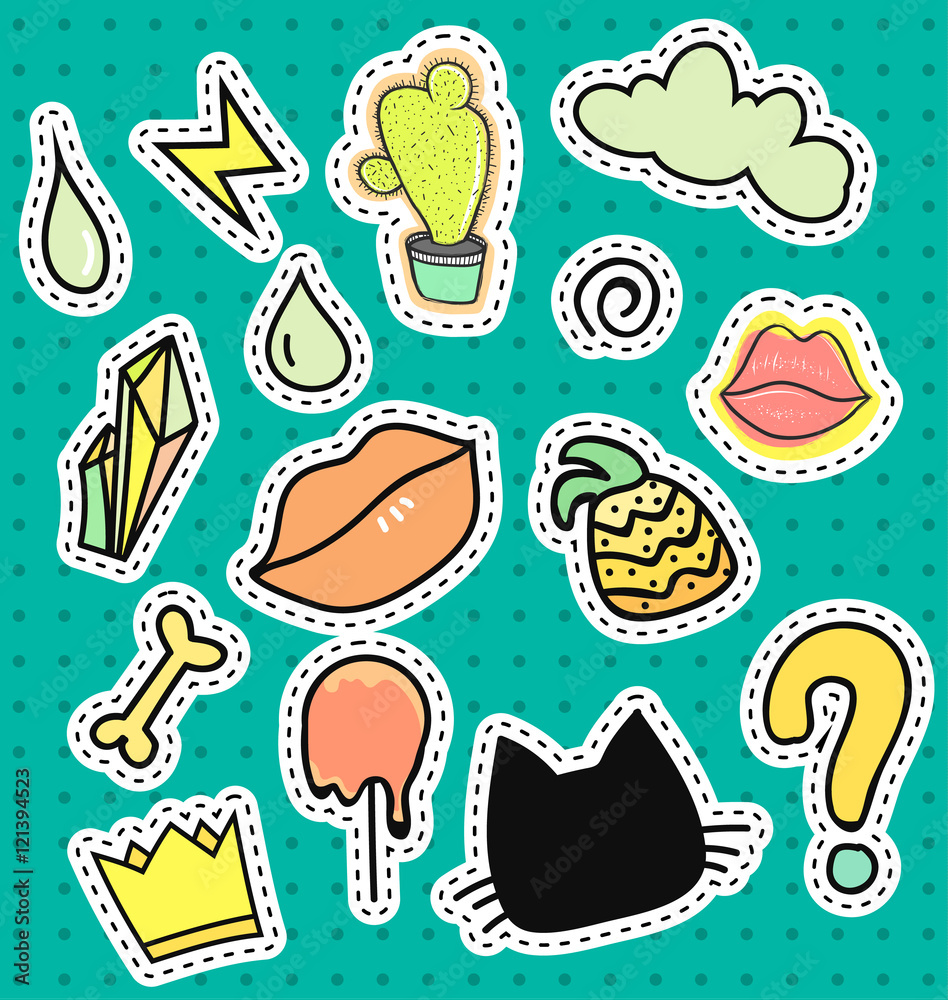 Naklejka premium Set patch badges. Cartoon patches collection lips, ice, cactus, lightning, crown, fruit pineapple, stone diamond. Design element vector illustration