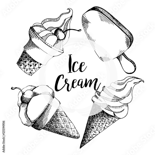 Cute hand drawn pattern with different types of ice cream. Background for cafe or restaurant menu.