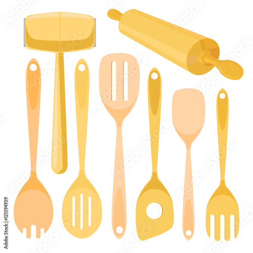 Wooden kitchen utensils. Isolated vector illustration on white background