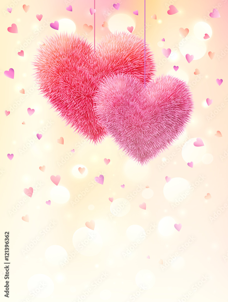 Pink fluffy vector hearts pair on light bokeh background