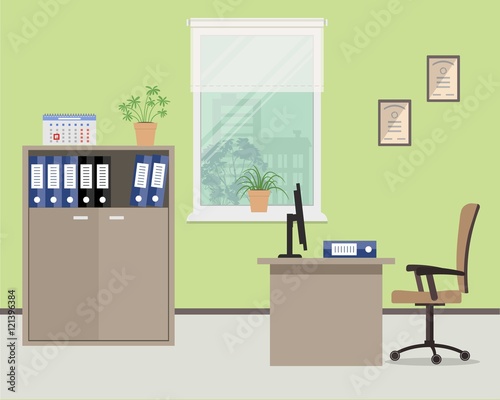 Workplace of office worker. Vector flat illustration. On the picture the desktop  case for documents  a chair  computer and other objects in beige color are situated on a window background