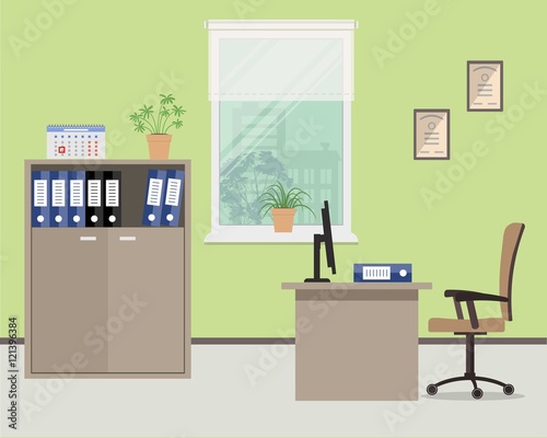 Workplace of office worker. Vector flat illustration. On the picture the desktop, case for documents, a chair, computer and other objects in beige color are situated on a window background