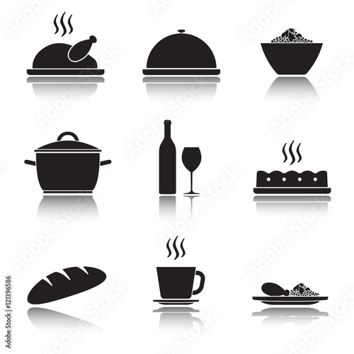 Kitchen and cooking icon set. Food and drink icons isolated on white background. Vector illustration.