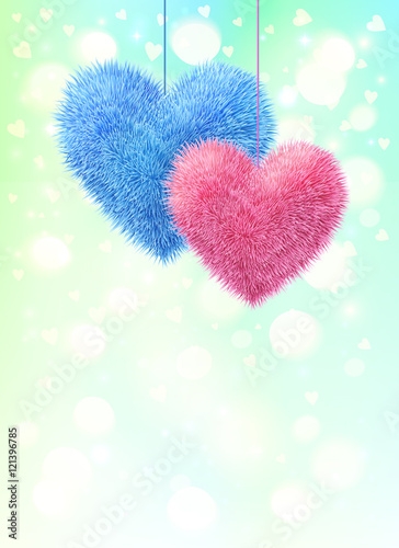 Pink and blue vector fluffy hearts pair on light shining background