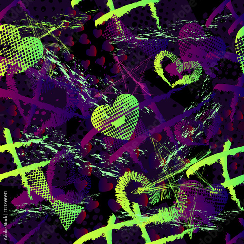 Abstract seamless pattern for girls,boys.Creative vector background with hearts, stars, geometric figures.Funny wallpaper for textile and fabric.Fashion style.Colorful bright Pink,yellow,purple