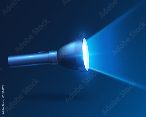 Blue realistic shining vector flashlight in darkness