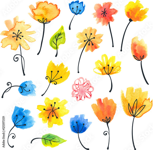 Bright watercolor vector flowers in naive style