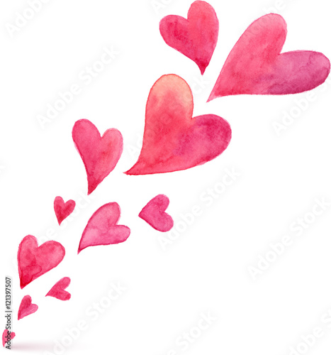 Pink watercolor painted vector flying hearts spring