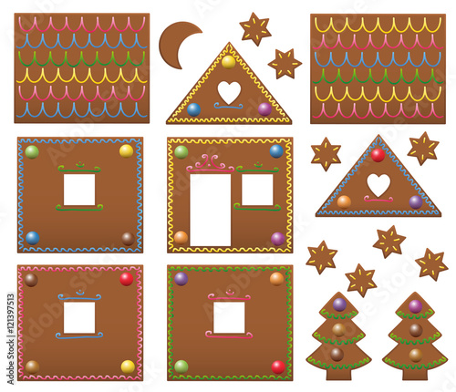 Gingerbread house template components with colorful candies - isolated vector illustration on white background.
