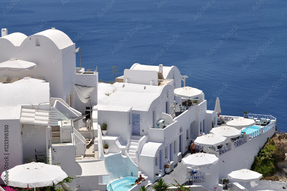 Residential buildings with sea view - Santorini island, Greece.