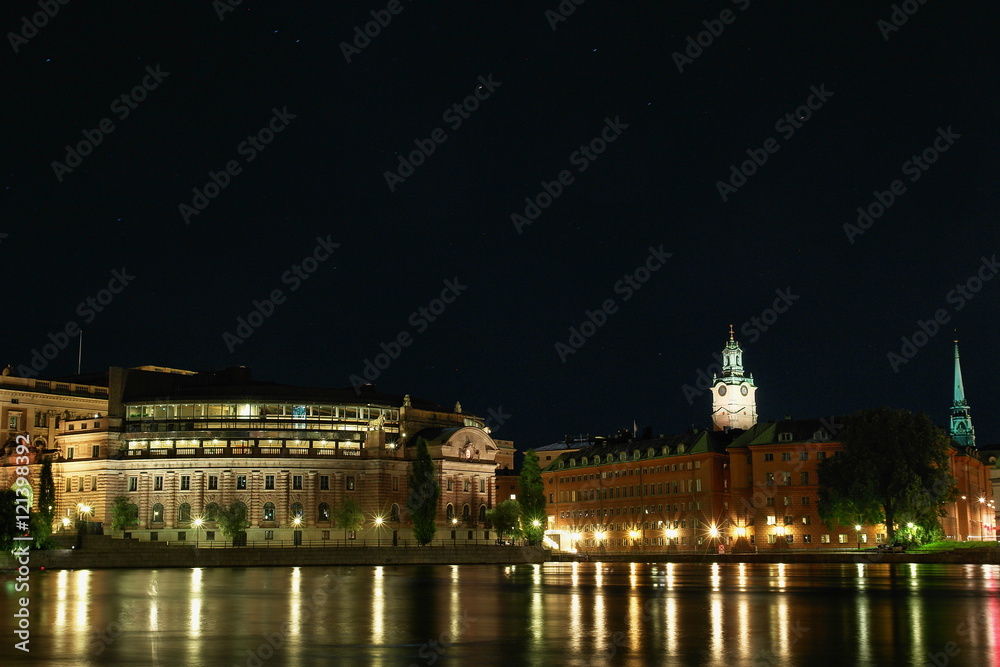 Stockholm by night, reflection. Sweden.