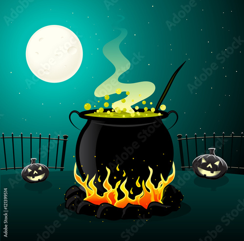 Halloween Background with Witch Cauldron.