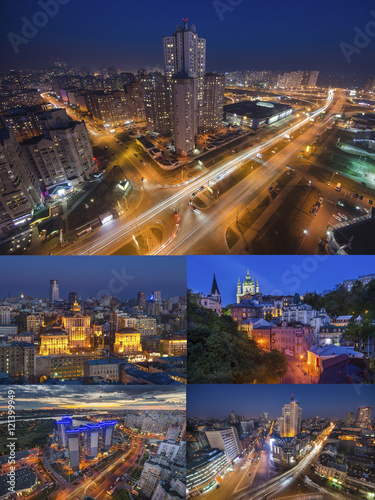 Collage of Night Kiev images - the most popular places in capital of Ukraine, Kiev.