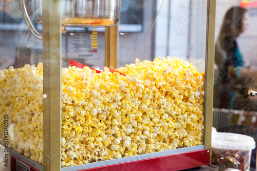 Sweet popcorn shop close up view