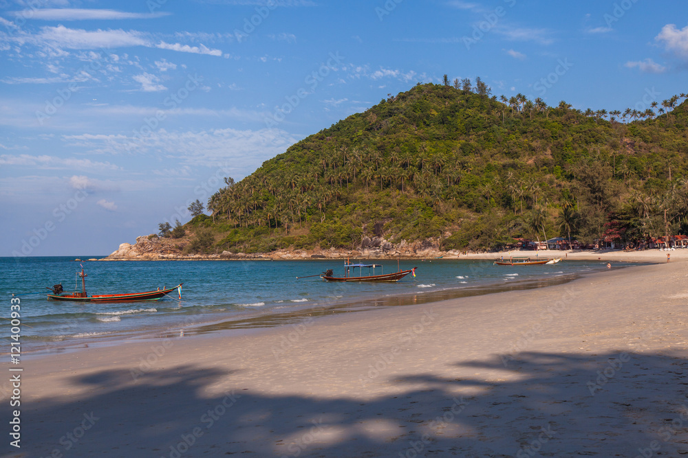 view of beach and boats Koh Phangan Thailand