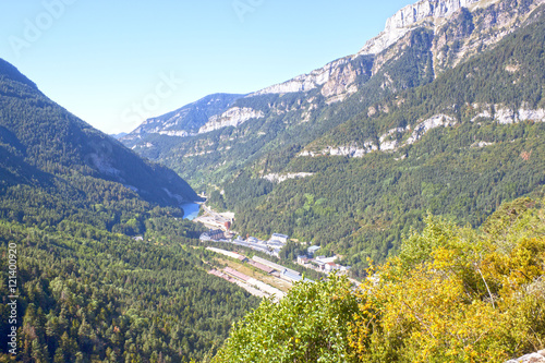 view of Canfranc station and the valley in Pyrenees, Spain