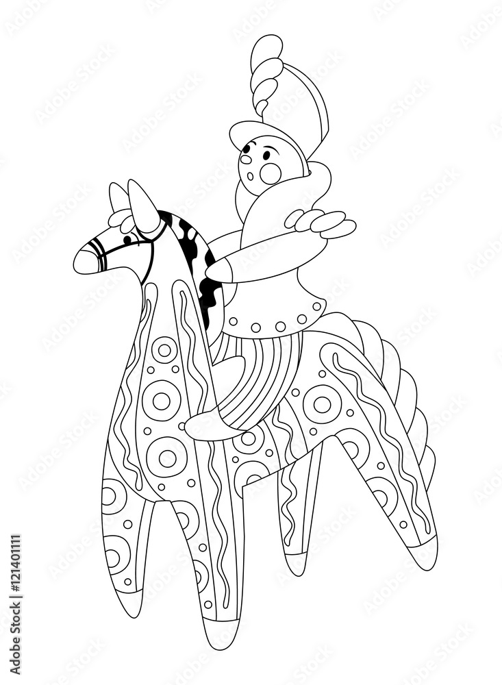 The rider on a horse. Dymkovo toy. Vector illustration of a black line. It can be used for coloring. The rider on a horse. Dymkovo toy. Vector illustration of a black line. It can be used for coloring.
