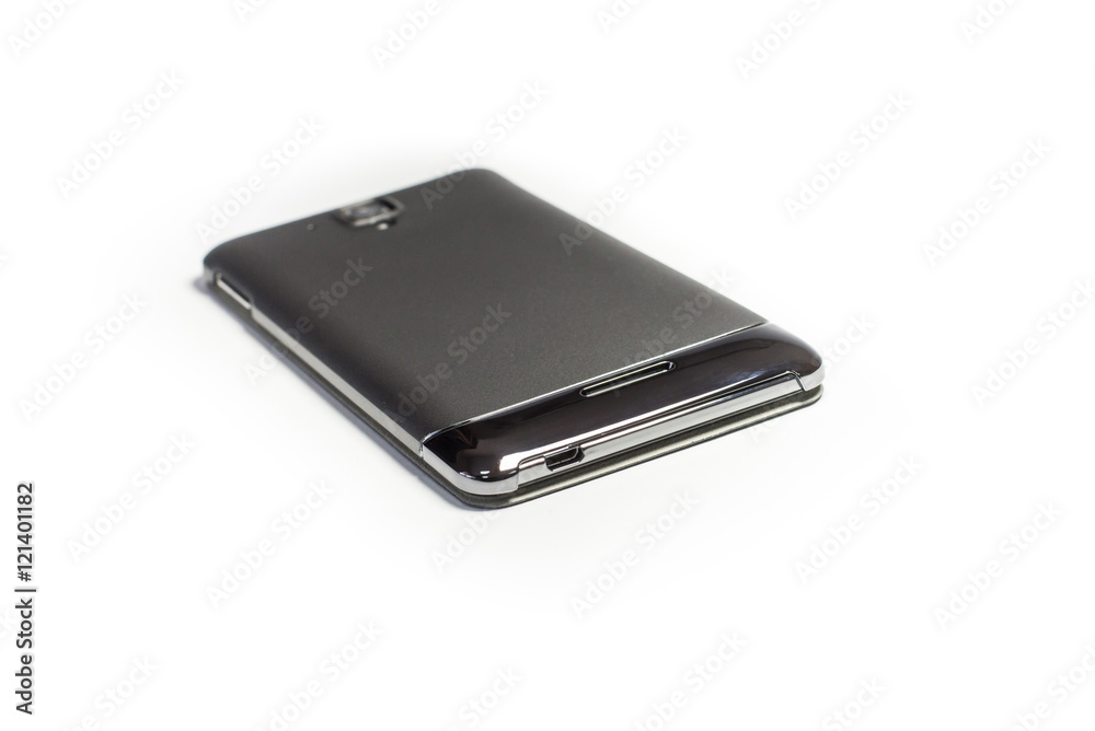 Black modern smartphone in a cover on a white background. Elements Black modern smartphone in a cover on a white background. Elements