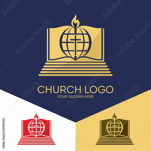 Church logo. Christian symbols. The Bible, the cross of Jesus and the globe, the world.