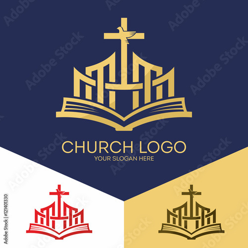 Church logo. Christian symbols. The Bible, the cross of Jesus and the Holy Spirit (a dove).