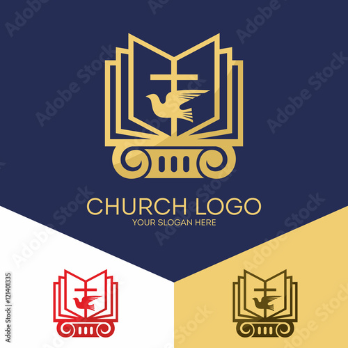 Church logo. Christian symbols. The Bible, the cross of Jesus and the Holy Spirit (a dove).