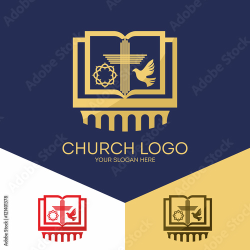 Church logo. Christian symbols. Bible, crown of thorns, the cross of Jesus and the Holy Spirit (a dove).