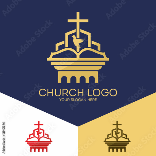 Church logo. Christian symbols. The Bible, the cross of Jesus, the Holy Spirit.