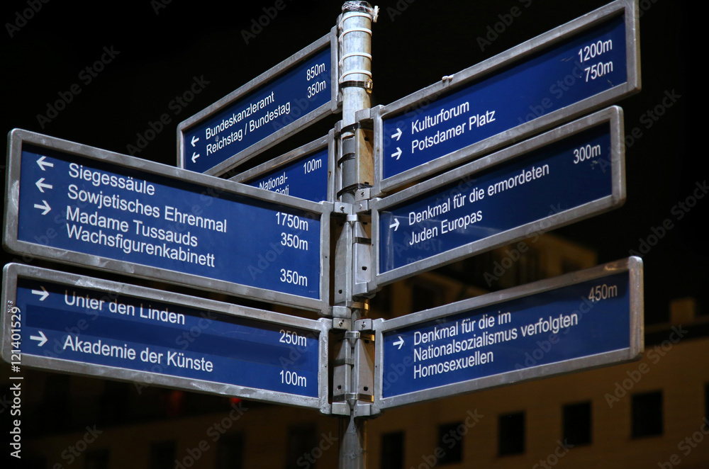 Road signs or street signs at Brandenburg gate in Berlin, German Road signs or street signs at Brandenburg gate in Berlin, German