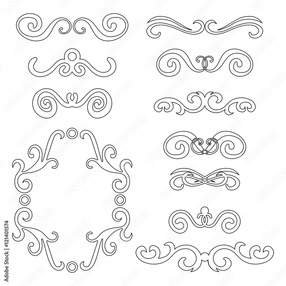 Set of black thin line abstract curly headers, design element set isolated on white background. Hand drawn black swirls. Floral round frame, wreath, dividers, calligraphic shapes. Vector illustration.