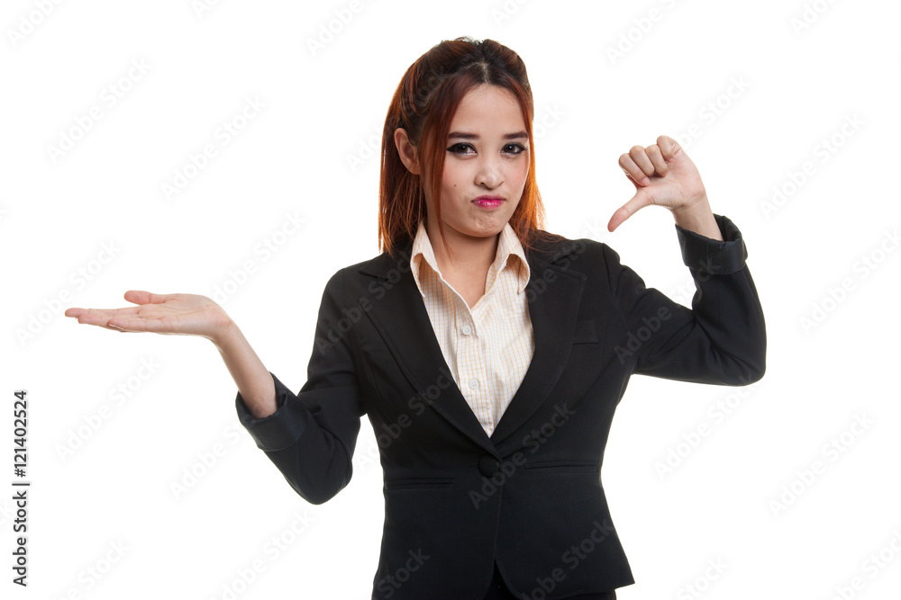 Young Asian woman show palm hand and thumbs down. Young Asian woman show palm hand and thumbs down.
