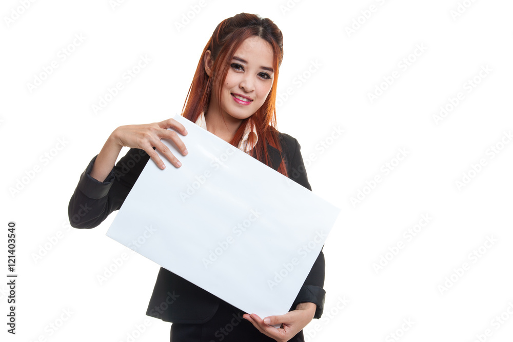 Young Asian business woman with white blank sign. Young Asian business woman with white blank sign.