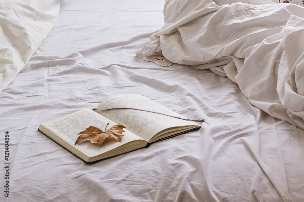 Diario con una hoja seca sobre una cama deshecha foto de Stock | Adobe Stock