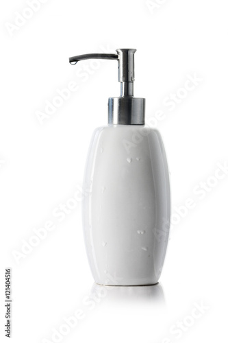 white ceramic bottle with dispenser pump for liquid soap, shampo isolated on white