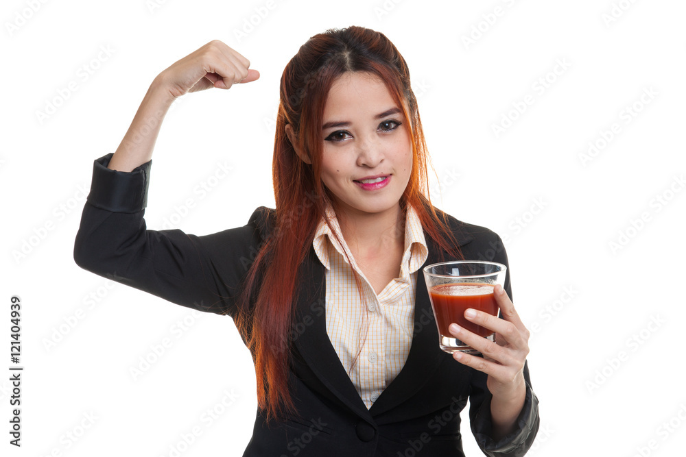 Strong healthy Asian woman with tomato juice. Strong healthy Asian woman with tomato juice.
