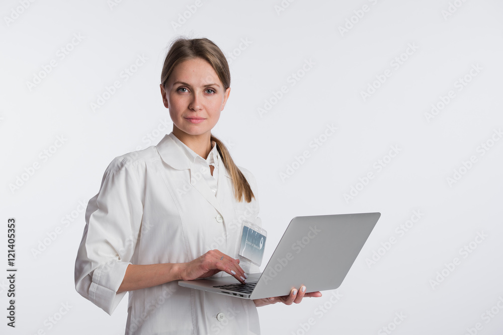 medical doctor woman smile hold tablet pc, using computer. nurse Isolated over white background medical doctor woman smile hold tablet pc, using computer. nurse Isolated over white background