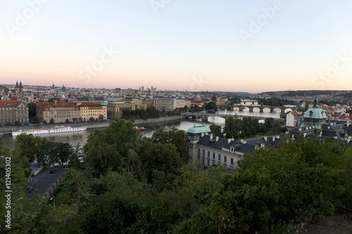 Evening Prague City with its Bridges and Towers above River Vltava  Czech Republic