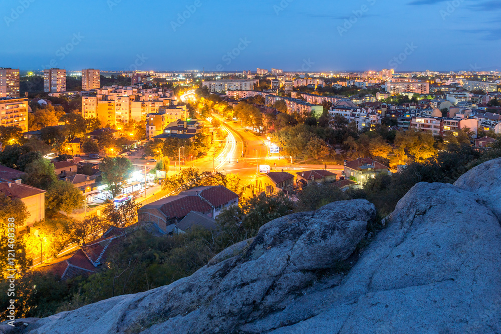 Night Panorama of city of Plovdiv from Nebet tepe hill, Bulgaria