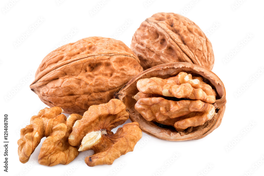 Nuts whole and shelled walnuts isolated on white background Nuts whole and shelled walnuts isolated on white background