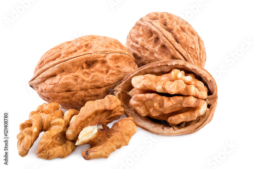 Nuts whole and shelled walnuts isolated on white background