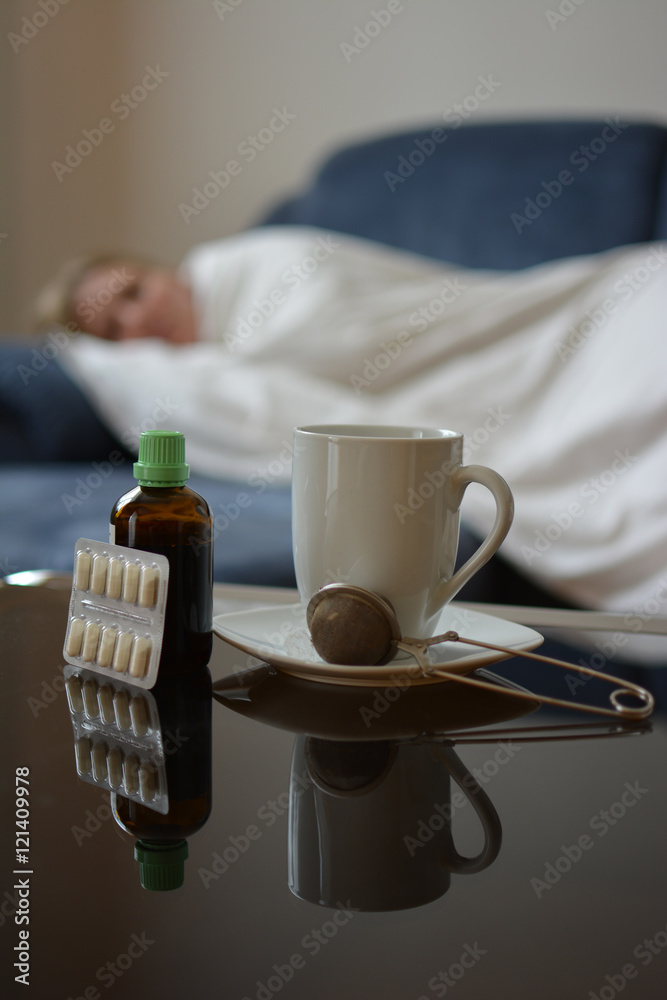 Horizontal view of medicines for ill woman