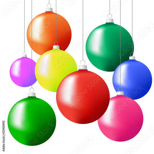 Christmas tree balls in different colors hanging on strings